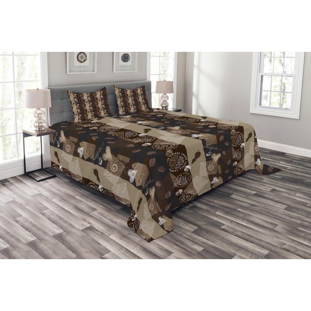 Brown Bedspread Set, Coffee Typography Hearts and Beans on Abstract