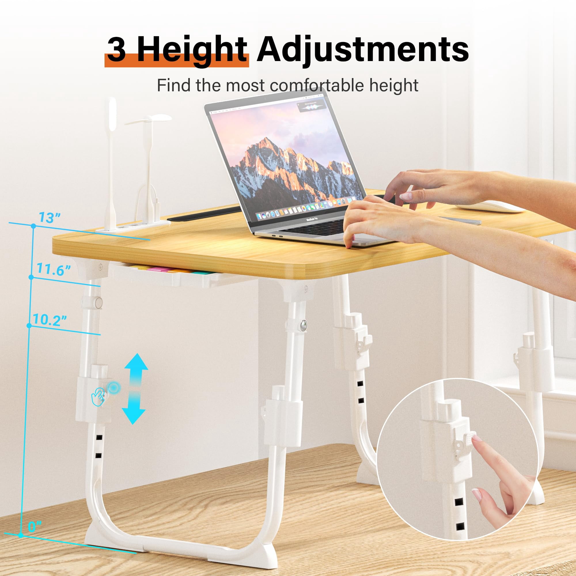 Laptop Bed Desk Height Adjustable  Table With Usb/storage Drawer/cup Holder/tablet Stand/book Shelf Foldable Breakfast Tray Portable For Reading Writing Sofa & Floor Wood