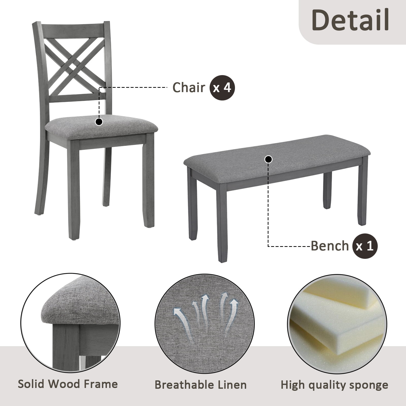 Gewnee 6 Piece Kitchen Dining Table Set,Rectangular Table with 4 Upholstered Chairs and a Bench,Wood Dining Room Table Set for 6 People,Dining Furniture Set.Gray