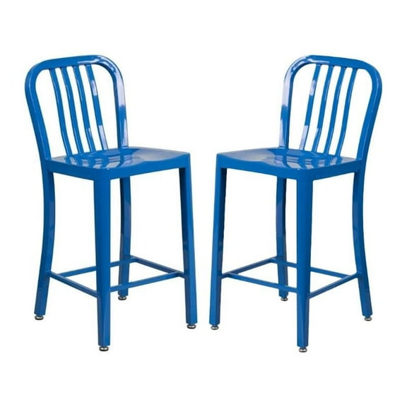 Home Square 24" Metal Vertical Slat Back Counter Stool in Blue - Set of 2