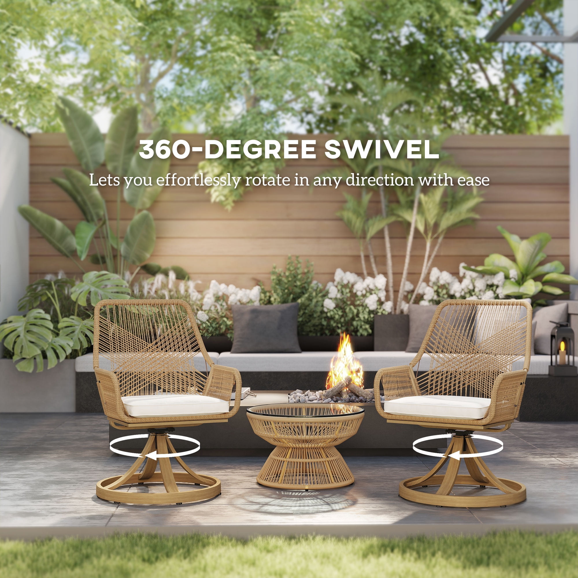Outsunny Outdoor Patio Swivel Chairs Set of 2, Rattan Patio Dining Chairs with Soft Cushions and Metal Frame for Backyard, Lawn, Porch, Garden, Khaki