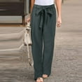 thumbnail image 3 of Cotton Linen Pants Women Lightweight Elastic Waist Belted Wide Straight Leg Loose Fit Lounge Pants Beach Trousers, 3 of 9
