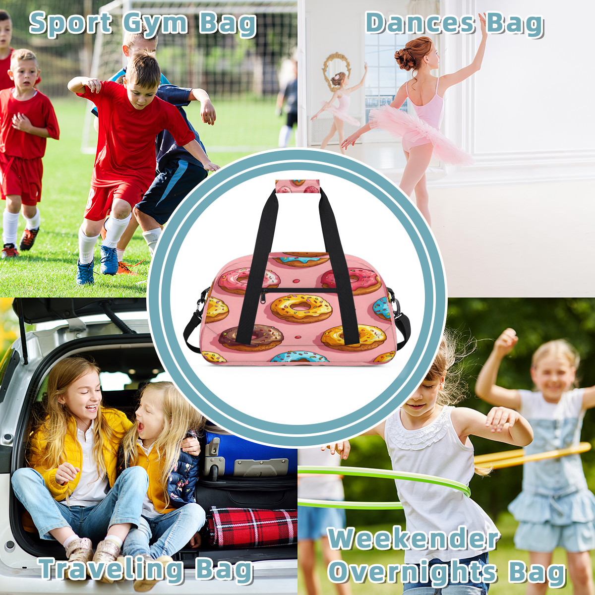 Herdesigns Donuts Sports Duffle Bag for Women & Men, Sweet Donut Gym Bag Dance Bag Overnight Bag Carry On Weekender Travel Bag