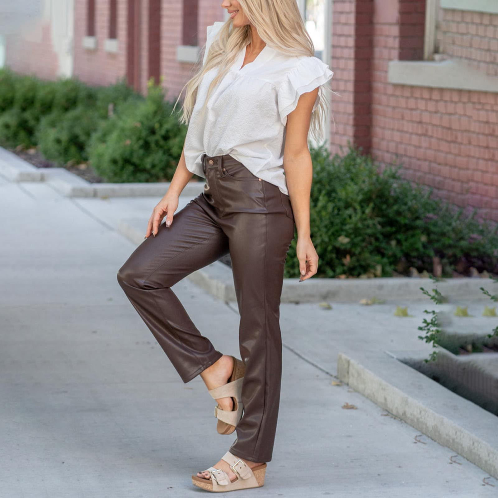Clearance!FUNUONY Leather Pants for Women Faux Leather High Straight Pants Leg Vegan Leather Business Pant Trousers Work Pants Women Sweatpants Women Brown M