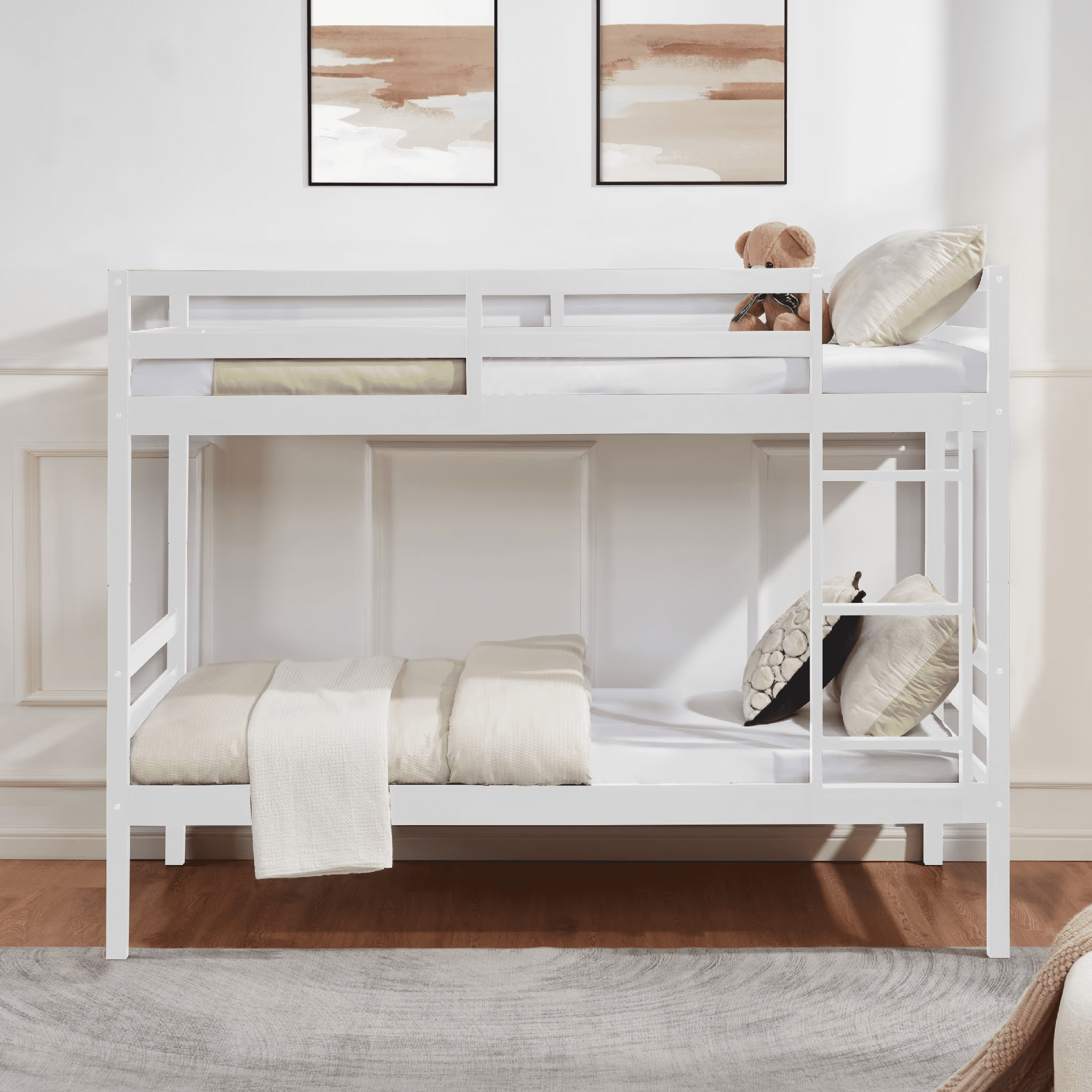 MAYEERTY Twin over Twin Bunk Bed with Ladder, Wooden Bed Frame with High Guardrail and Ladder for Kids, No Box Spring Needed, White