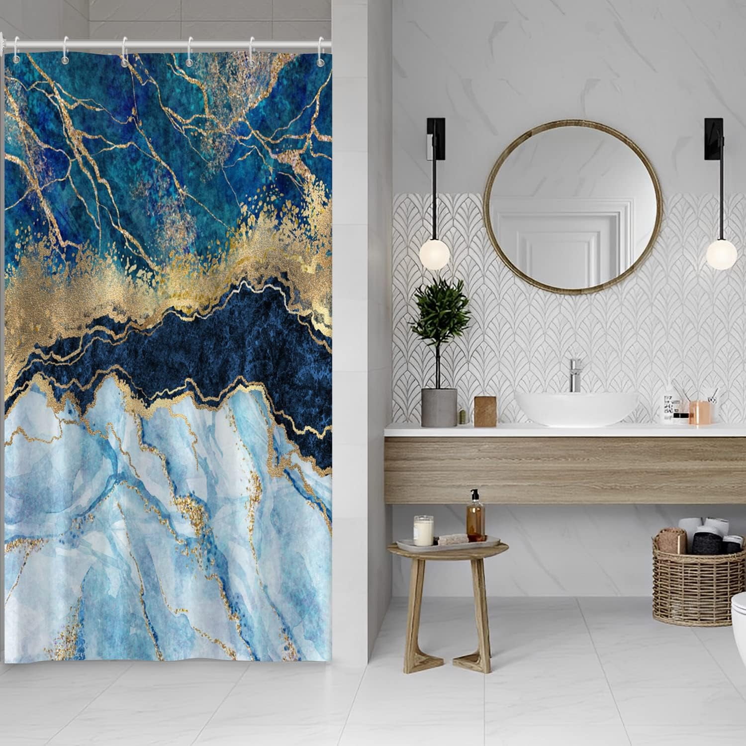 Navy Blue Shower Curtain for Bathroom Marble Light Blue Gold Stall RV Bathtub Home Decoration White Room Partition Waterproof Fabric Shower Curtains 36x72 inches with Hooks