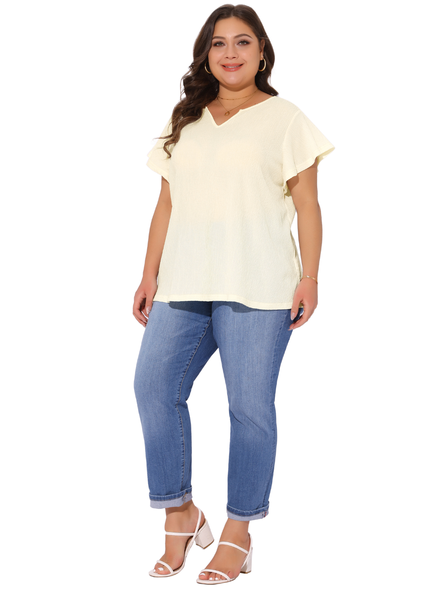 DARING DIVA Women's Plus Tops V Neck Ruffle T Shirt Blouses 2X Beige