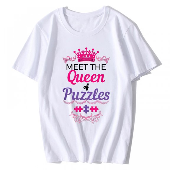 T-Shirt for Women Perfect Queen Puzzles Crown Crossword Lover Gift Casual Short Sleeve Tops White 4X-Large