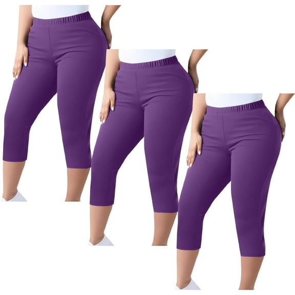 Abomasnow Women's Plus Size Capri Pants 3 Pack Slim FIt Elastic Waist Yoga Shorts Casual Solid Stretchy Athletic Bottoms Pants