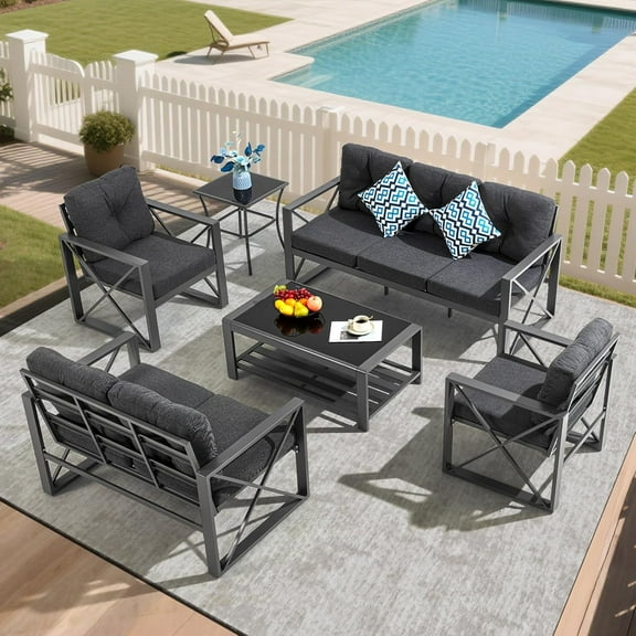 6 Pieces Metal Patio Furniture Set, Outdoor Seating Furniture with Loveseat Ideal for Indoor Porch Deck Bistro Lawn Garden Backyard Poolside-Grey