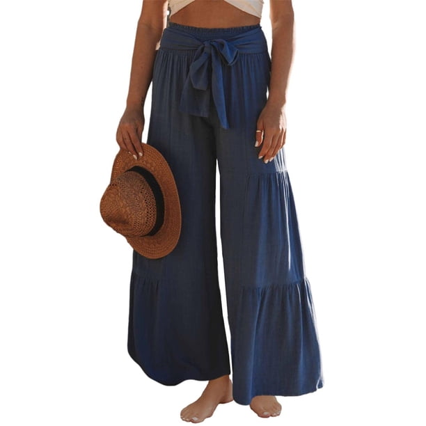 VISgogo Pantalones de pierna ancha para mujer, cintura alta, color sólido, con cordón, informal, para fiesta, club, pantalones sueltos VISgogo moda