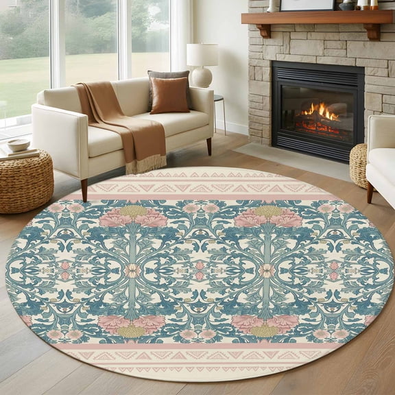 Round Rugs 6Ft, Teal Pink Geometric Round Area Rug Washable Indoor Throw Carpet, Vintage Floral Watercolor Boho Soft Non Slip Circle Rug for Office Cabinet Home Decor Aesthetic