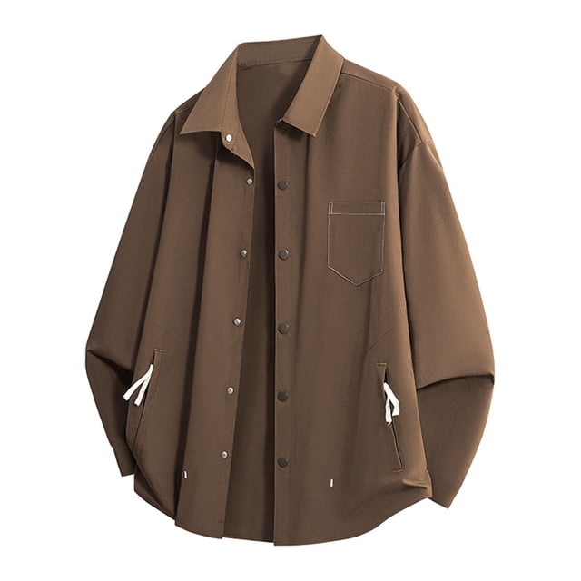 Blusa y camisa de manga larga con cuello vuelto para hombre, color liso, con botones y cuello vuelto, cárdigan de manga larga, blusa de poliéster para hombre