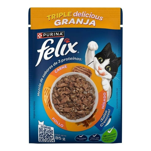 Alimento húmedo para gato Purina Felix Sobres Felix Triple Delicious Granja 85g