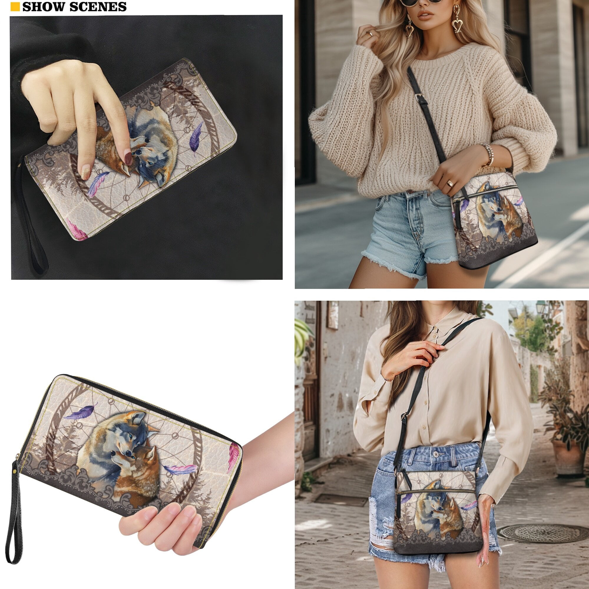 LedBack Wolf Couple Crossbody Messenger Purse Set Dreamcatcher Leather Hobo Bag Satchel Handbag Shoulder Purse PU Wallet for Women Lady, Beige