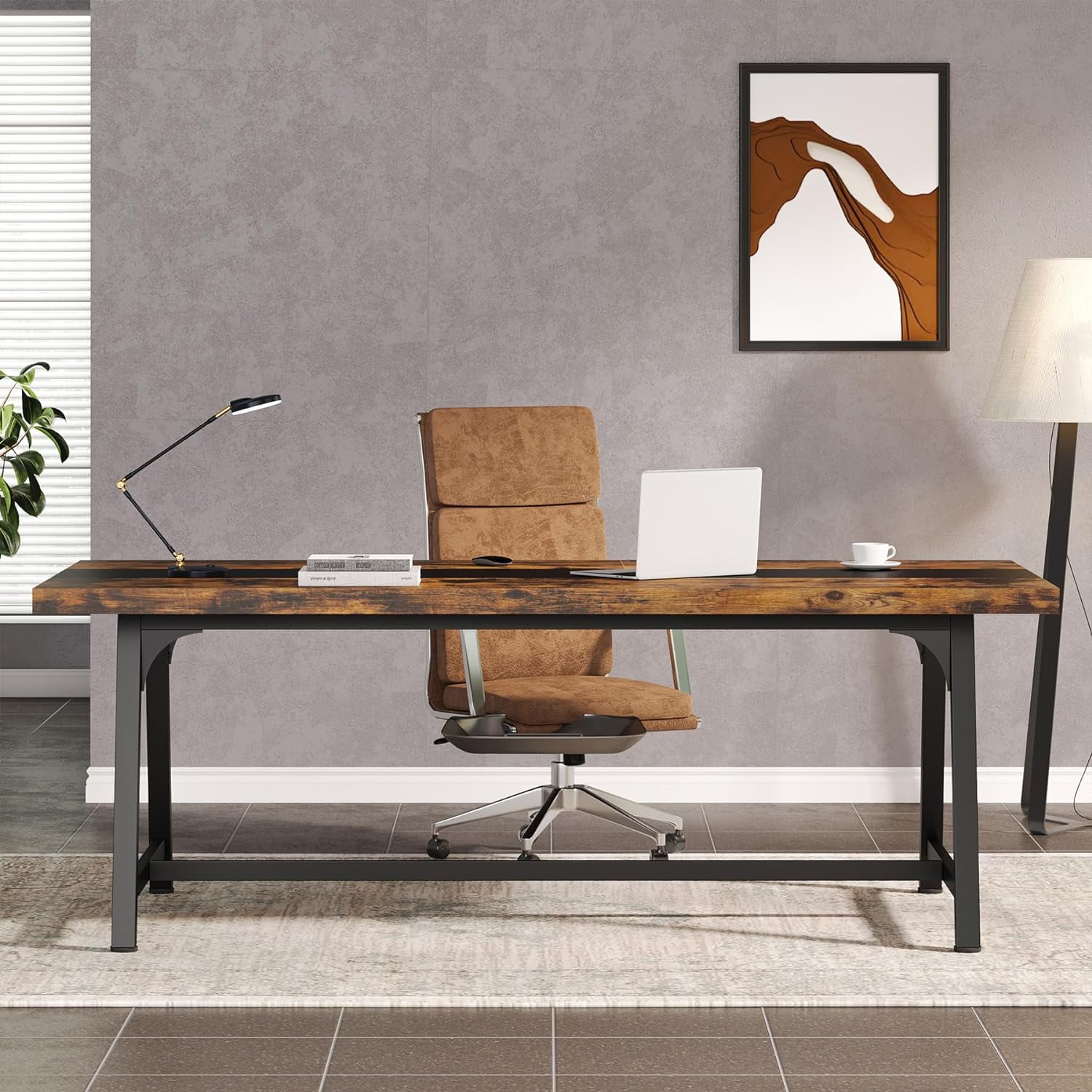 Finmind Executive Office Desk, Large Workspace, Modern Adult Writing Table, 70.87" L x 33.46" W x 29.92" H (Rustic Brown & Black)
