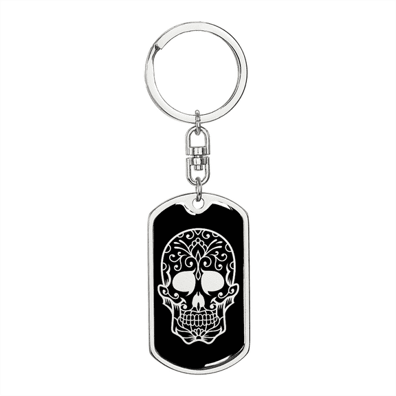 Calavera Mexican Sugar Skull 34 Stainless Steel or 18k Gold Premium Swivel Dog Tag Keychain