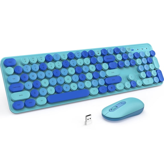 COLIKES Wireless Keyboard and Mouse Combo Silent, Retro Round Typewriter, 2.4GHz Usb, Full Size Keyboard Cute for Pc Computer Laptop Windows Mac, Blue