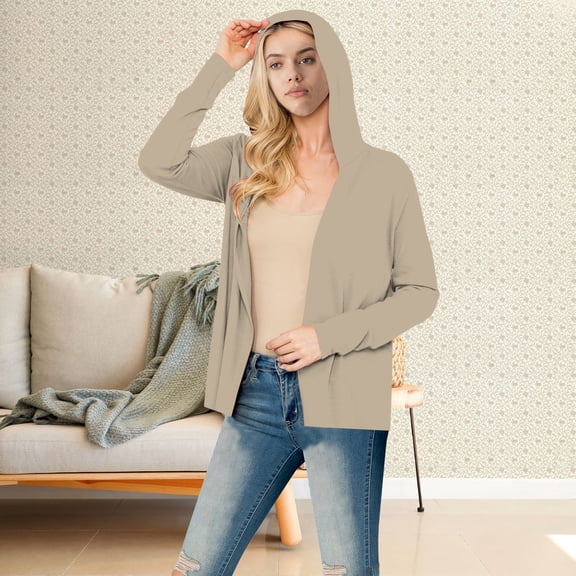 Women's Hooded Mid-Length Cardigan - Lightweight Loose Cover Up with Sun Protection, Poly Cotton Blend for Beach & Outdoor