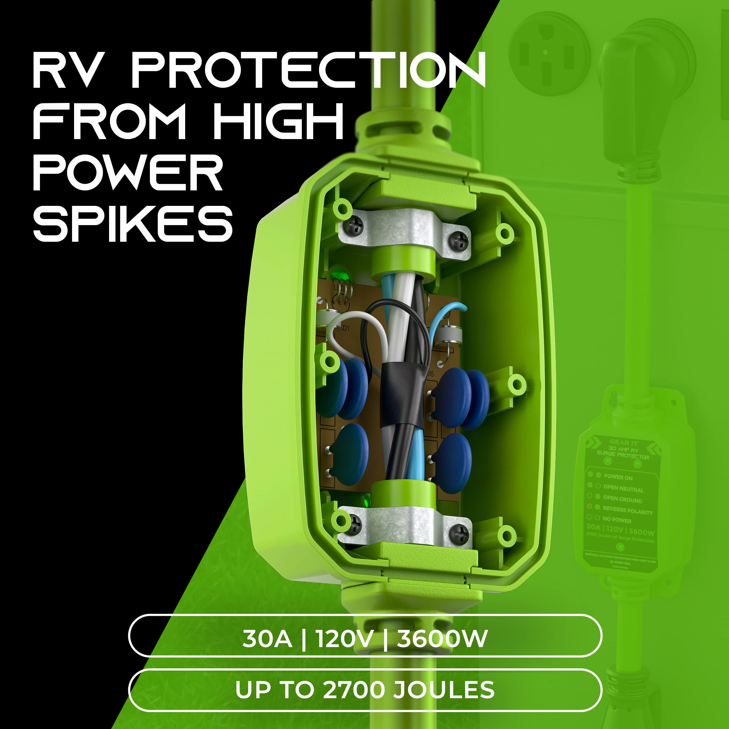 GEARit RV Surge Protector 30 Amp Heavy-Duty Outdoor Extension Plug with Circuit Analyzer Led Voltage Monitor 2700 Joules for Camper Trailer