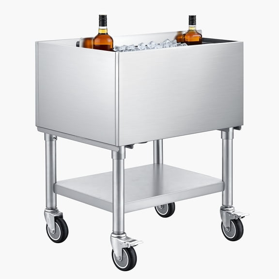 VEVOR Commercial Ice Bin, 65.1 Qt Max Capacity, 24 x 19 x 35 Inch Stainless Steel Ice Chest with Sliding Lid and Bottle Holders, Cooler Cart Cocktail Unit for Bar Restaurant Pub, NSF Certified