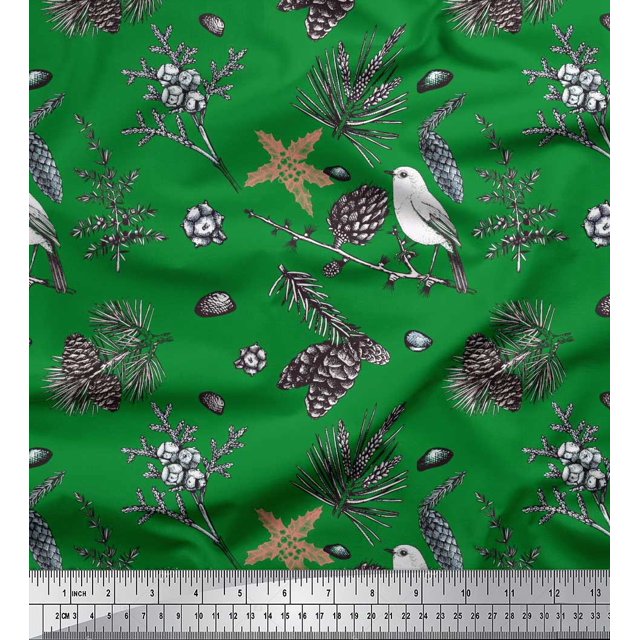 Soimoi Green Rayon Fabric Floral & American Robin Bird Decor Fabric Printed BTY 56 Inch Wide