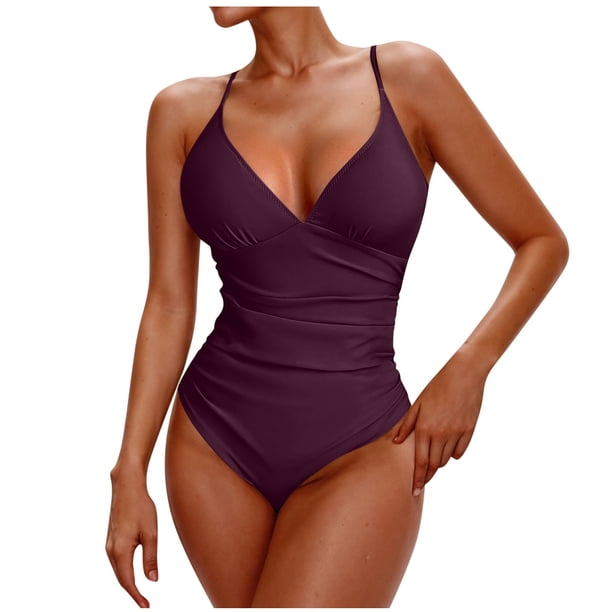 Traje de Baño de Color Sólido Bikini de Corte Alto de las Mujeres, Traje de Baño de Nylon de Moda Conservadora con Almohadillas