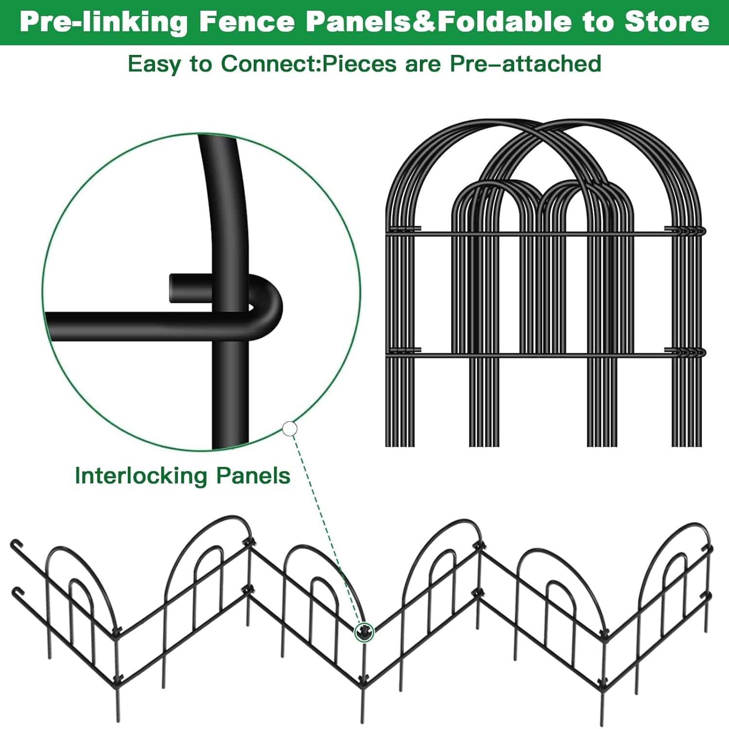 AMAGABELI 35 Panels 18in(H)×50ft(L) Decorative Garden Fence No Dig Rustproof Metal Pre-Linking Fence Panels Garden Edging Border Animal Barrier Fencing for Flower Beds Yard Patio Outdoor Decor Black