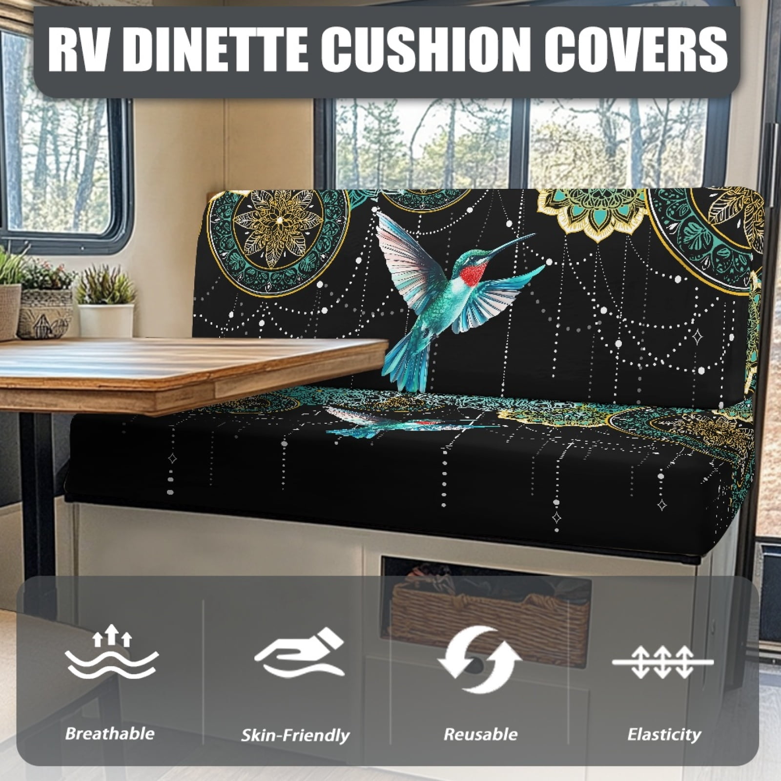 FOR U DESIGNS Boho Mandala Hummingbird Pattern 2 Pcs RV Dinette Cushion Covers Breathable Camper Cushion Slipcover Stretch 2 Seat Sofa Chair Cover Camper Seat Covers Dinette Booth