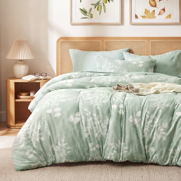 U by Bedsure Queen Comforter Set Sage Green, Bed in a Bag Queen Size Bedding, 7-Pieces Botanical Flowers Spring Comforter, Sheets, Pillowcases & Shams
