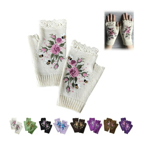 Embroidered Gloves, Women's Knitted Gloves Flower Gloves, Winter Handmade Embroidery Knit Fingerless Gloves