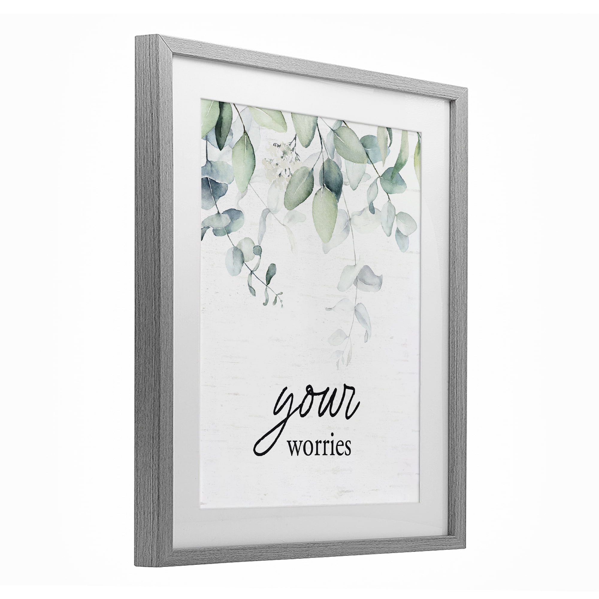 Your Worries Eucalyptus Gray Framed Print Under Glass, design by Lettered and Lined