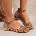 thumbnail image 4 of BADHUB Womens Low Block Chunky Heels Sandals Sparkly Rhinestone Open Toe Ankle Strap Dress Sandals Shoes Party Wedding Gold 38, 4 of 6
