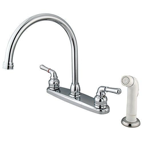 Kingston Brass Magellan Double Handle Goose Neck Kitchen Faucet with White Side Sprayer