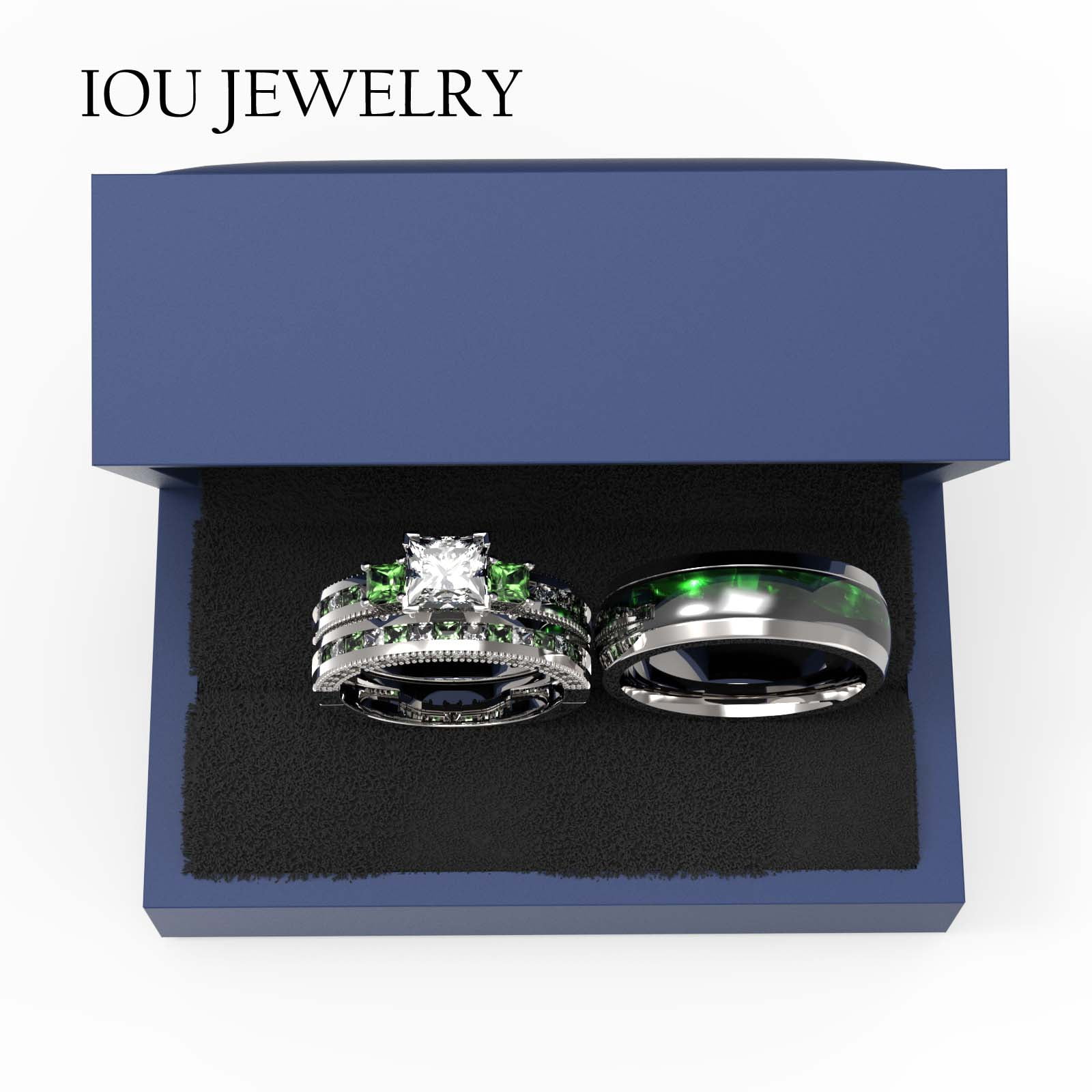 3pc Couples Wedding Ring Sets His And Hers Women Sterling Silver Green Moissanite and men Wedding Bands Together With Ring Gift Jewelry Box