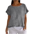 thumbnail image 2 of Favoffer Women's Cotton Linen Blouse Short Sleeve Round Neck Ruffle Pleated Solid Color Casual Loose Breathable Soft Summer Tops, 2 of 8
