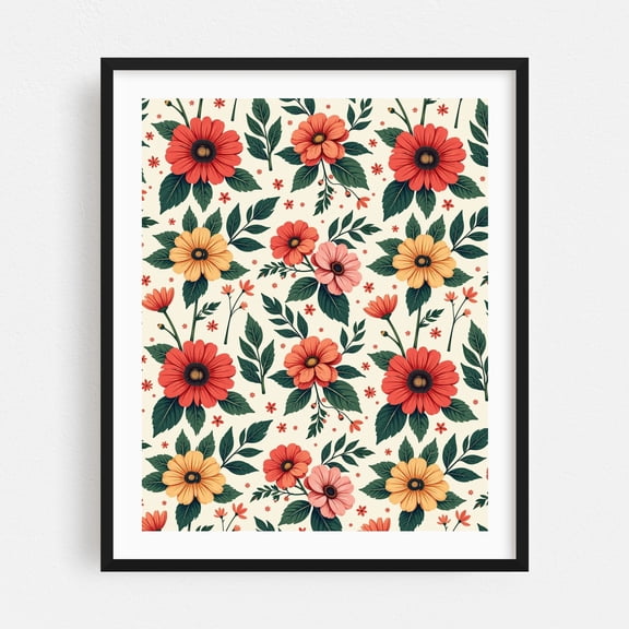 Classic Floral Symmetry - Illustration Floral Pattern Flowers Botanical Vintage Nature Black Framed Wall Art Print 8 x 10 inches