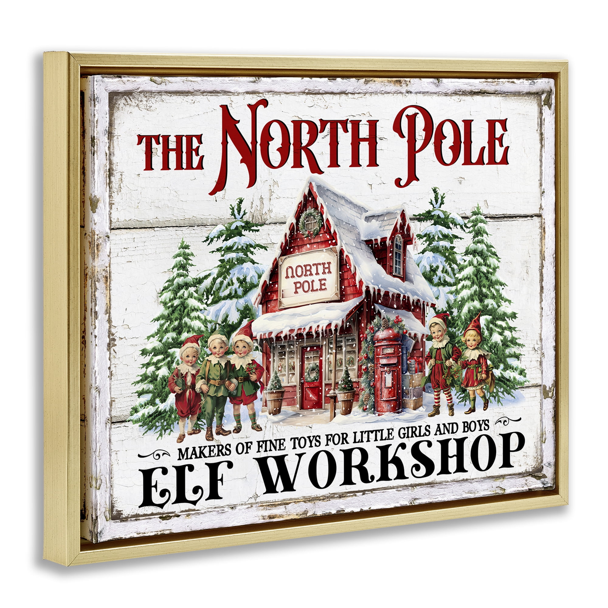 Stupell Industries North Pole Workshop Holiday Painting Gold Floater Framed Canvas Art Prints Wall Art, 31 x 25