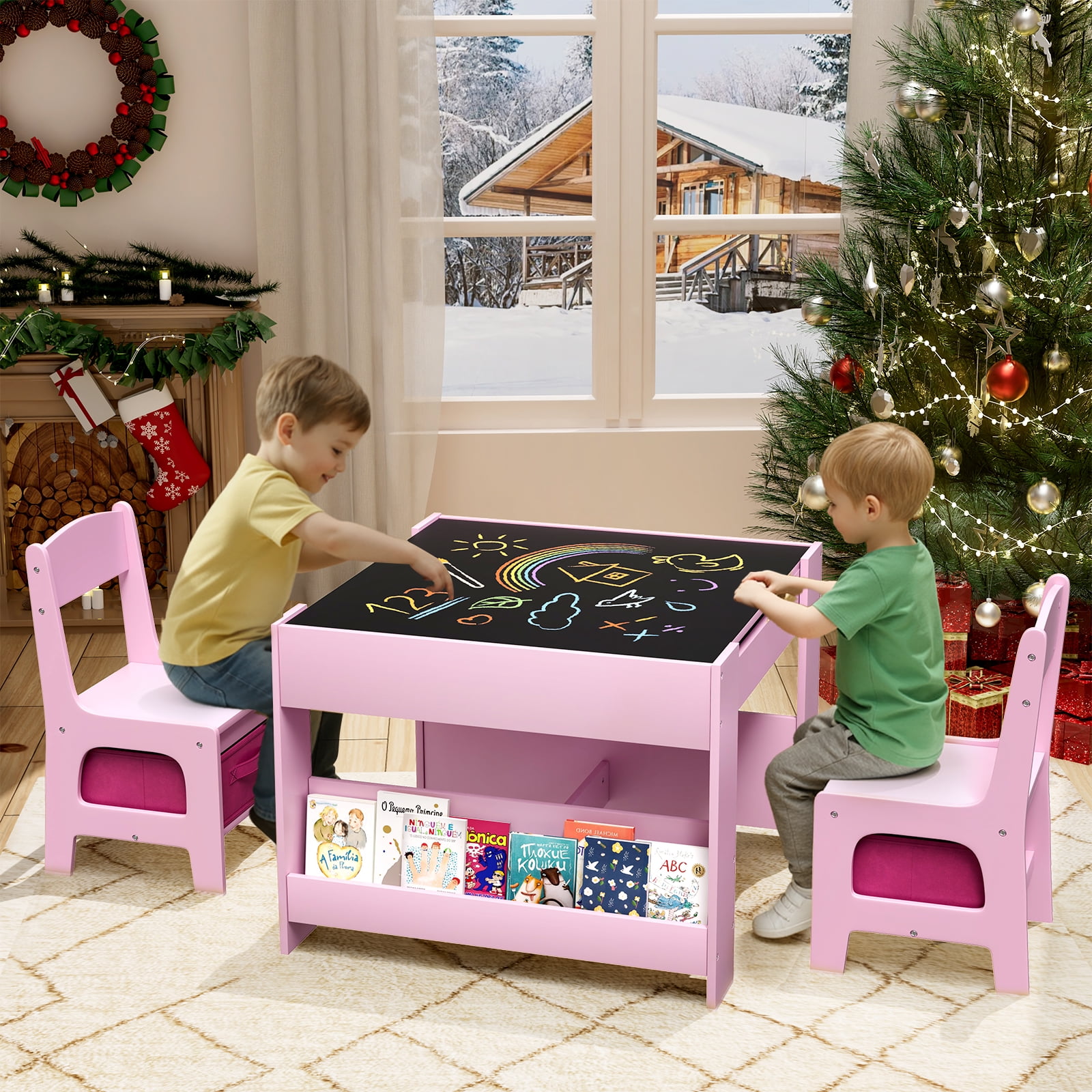 Pirecart Kids Table and Chairs Set, 4 in 1 Wooden Activity Table with Reversible & Detachable Tabletop, Storage Drawer, Bookshelf, Kids Art Desk for Drawing, Playing, Learning, Pink