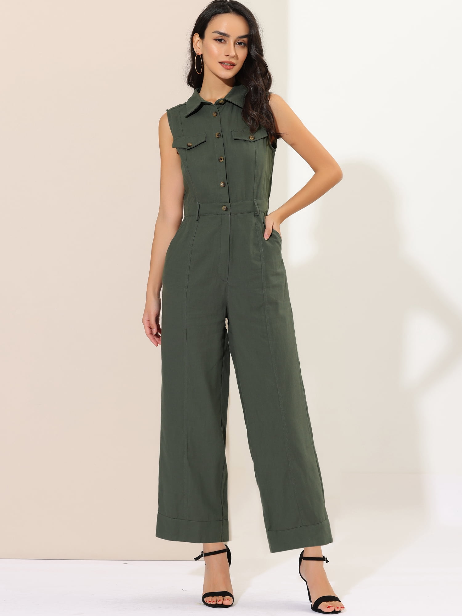 DARING DIVA Women's Wide Leg Jumpsuit Collared Tie Waist Coverall S Army Green