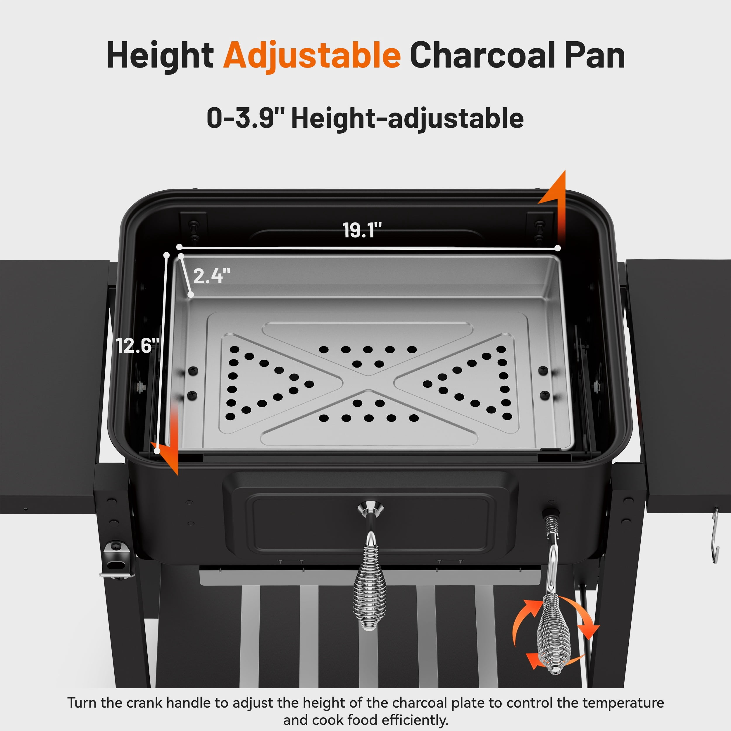 KEYO GRILL Large Charcoal Grill with Foldable Side Tables,Height-Adjustable Pan&Charcoal Door for Backyard,Black