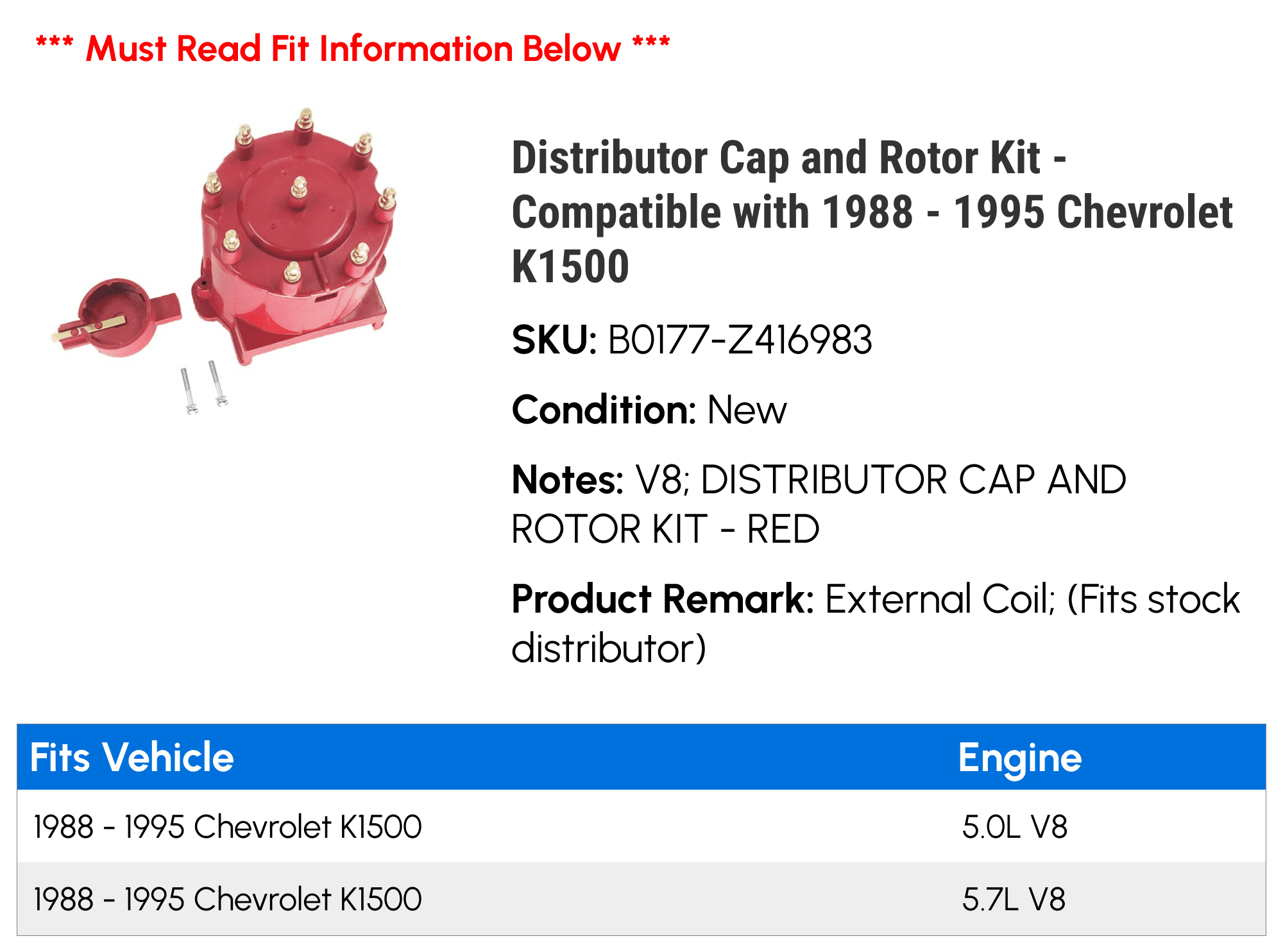 Distributor Cap and Rotor Kit - Compatible with 1988 - 1995 Chevy K1500 1989 1990 1991 1992 1993 1994