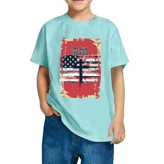 YABCSAZ Chemises du 4 Juillet pour Femmes, Robe de la Fête de l'Indépendance, Garçons et Mode de la Fête de l'Indépendance Mignon Imprimé Décontracté Manches Courtes, Bleu, 7 Ans