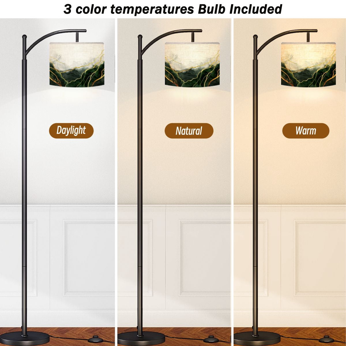 Arc Floor Lamps Watercolor drawn by brush Green paints spilled paper Golden shiny Modern LED Adjustable Lampshade Standing Light for Living Room Reading Bedroom Office