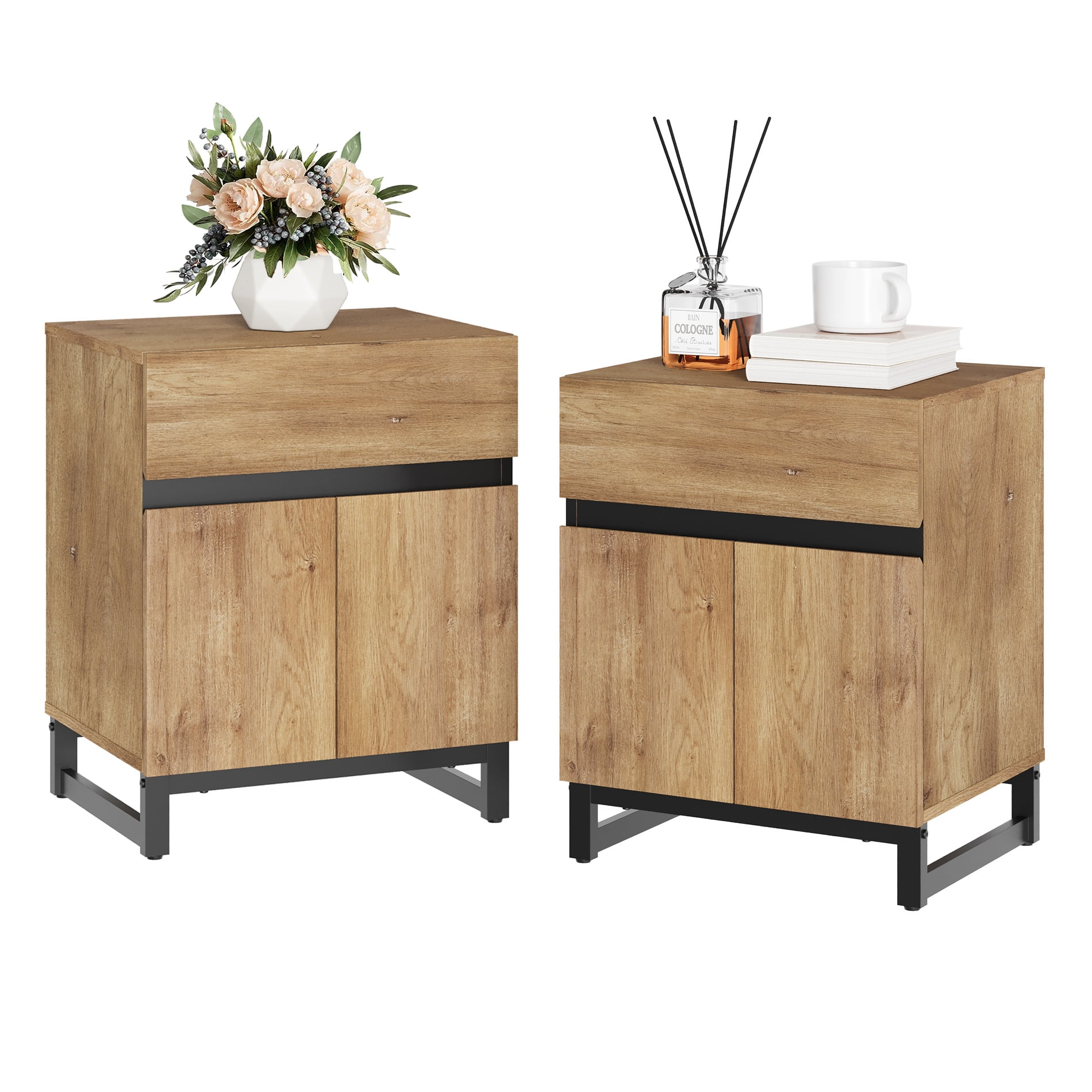 WAMPAT 2 Pack Nightstand with 1 Drawer & 1 Storage Cabinet, Modern Bedside Table with 2 Open Doors for Bedroom, Wood Rustic Side End Table for living Room.