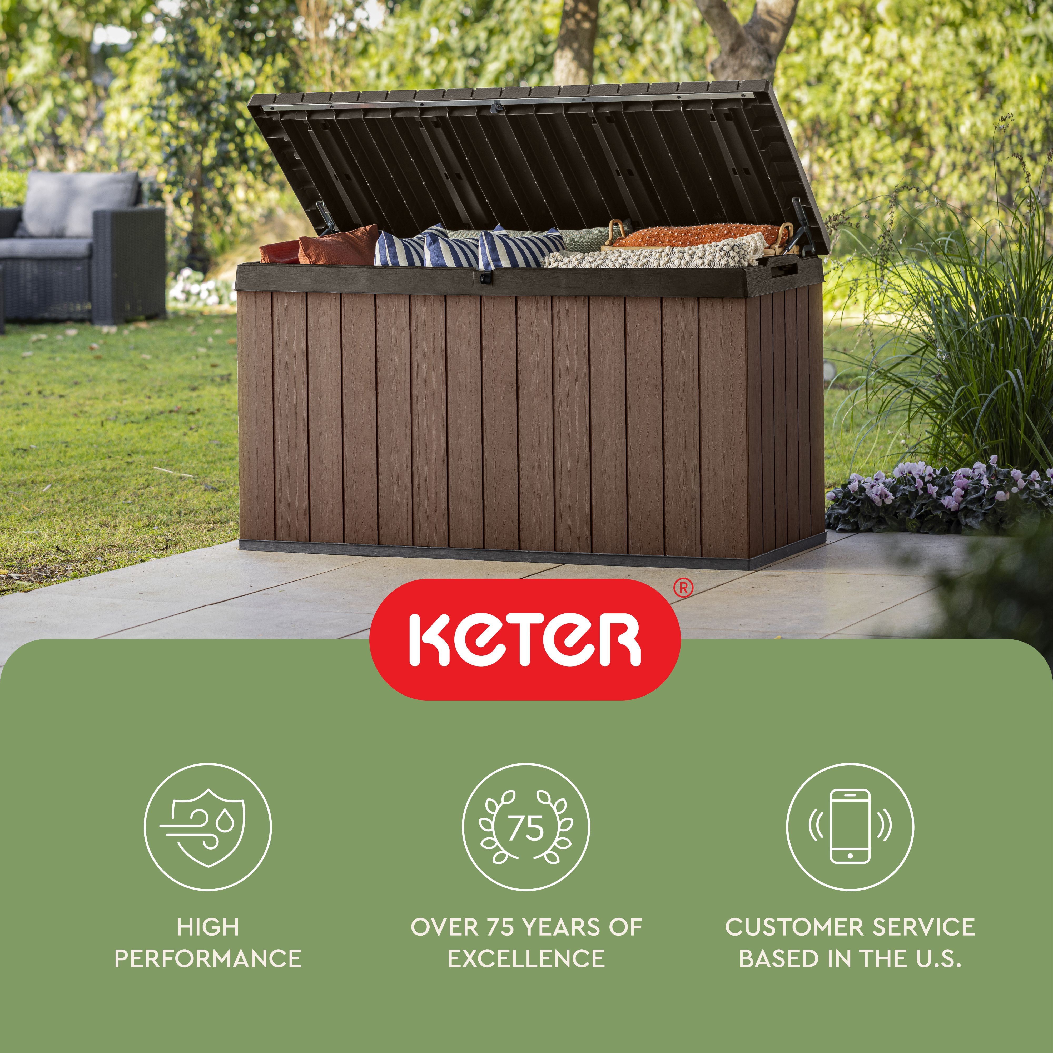 Keter Darwin 150 Gallon Resin Large Deck Box - Organization and Storage for Patio Furniture, Outdoor Cushions, Garden Tools and Pool Toys, Brown
