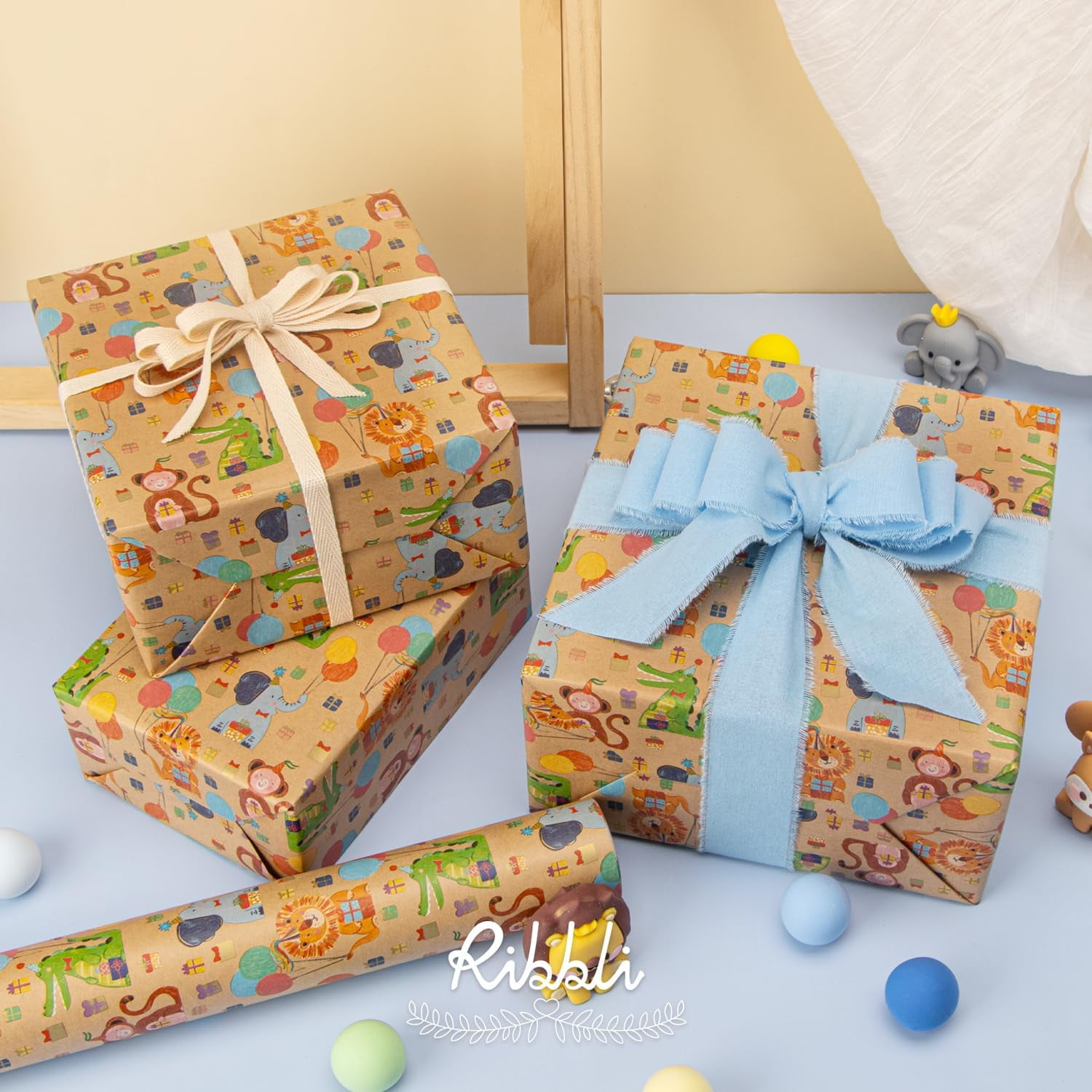 Birthday Wrapping Paper Animal and Balloon Vintage Style Kraft Mini Roll Paper Perfect for Baby Shower Boys Girls Kids Birthday - 17Inch x 394Inch(33Feet)