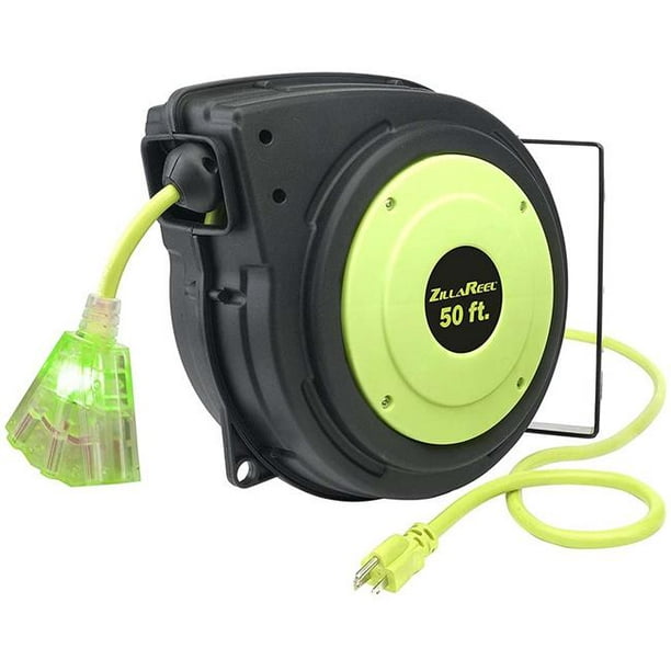 Flexzilla 50 ft. 14-3 AWG SJTOW Grounded Triple Tap Outlet Indoor & Dry  Locations Extension Cord Reel