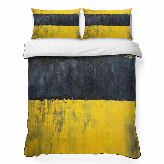 Abstract 3 Piece Quilt Bedding Set with 2 Pillow Shams, Yellow Black Lightweight Bedspread Coverlet, Soft Breathable All Season Quilt, 68 x 98 Inch