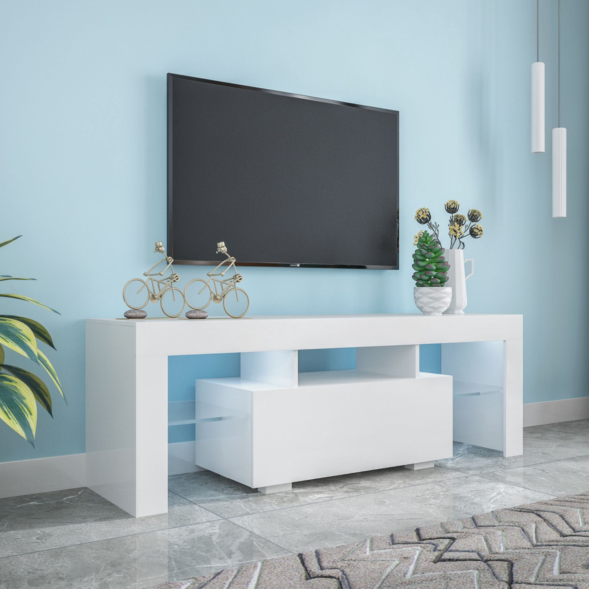 DEALTOPS Modern Simple TV Stand with LED RGB Lights and Open Glass Shelves, Stylish TV Cabinet with 1 Storage Drawer for TVs up to 55'' - White